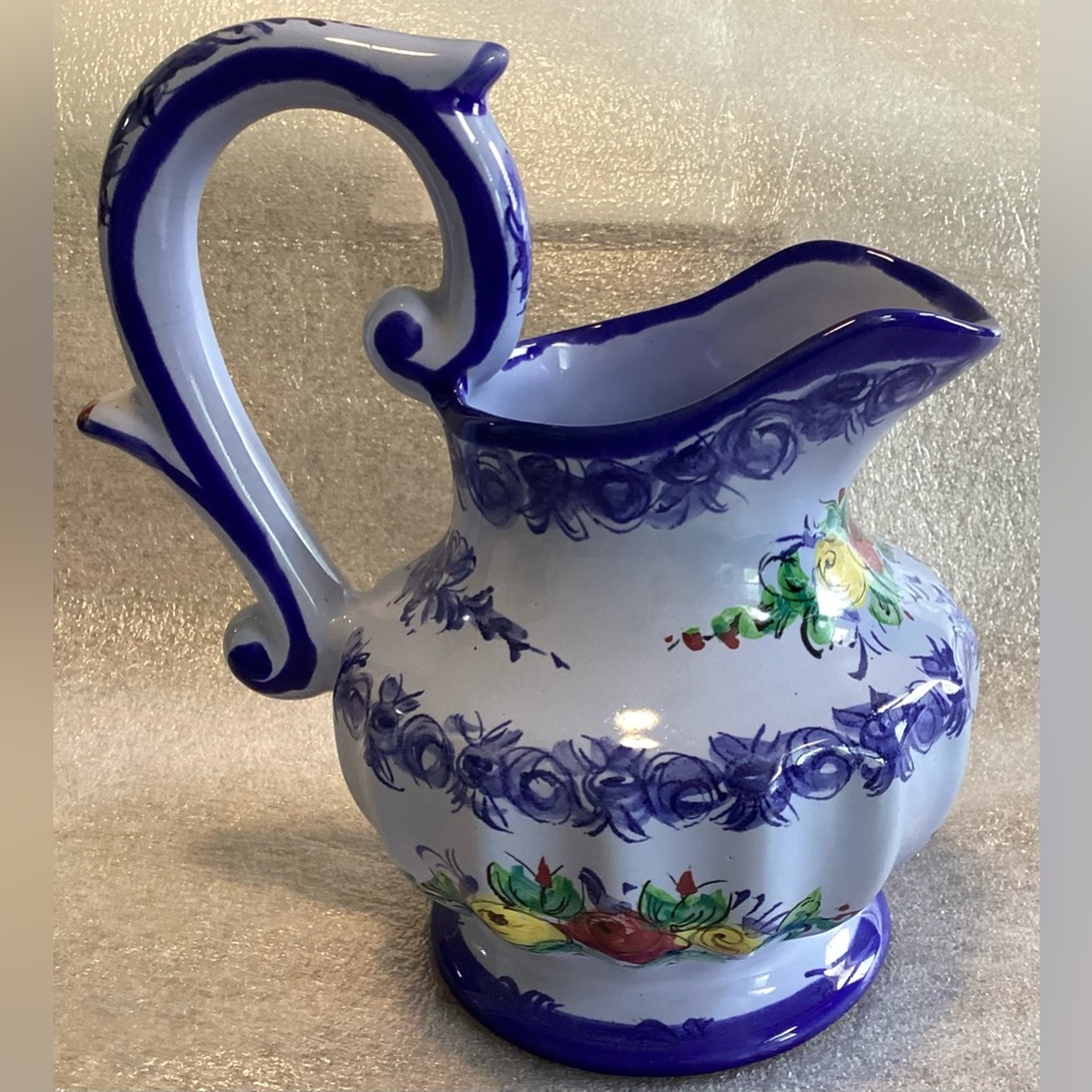 VTG Vestal Alcobaca Hand Painted Pitcher Vase Made in Portugal 568 Floral Blue